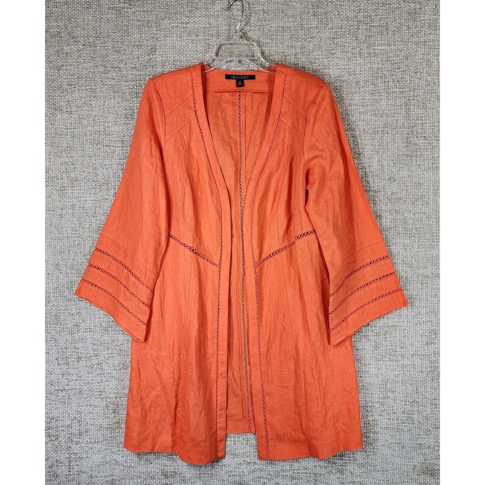 Insight Linen Longline Open Front Jacket Womens 14 Orange Artsy Fitted VTG